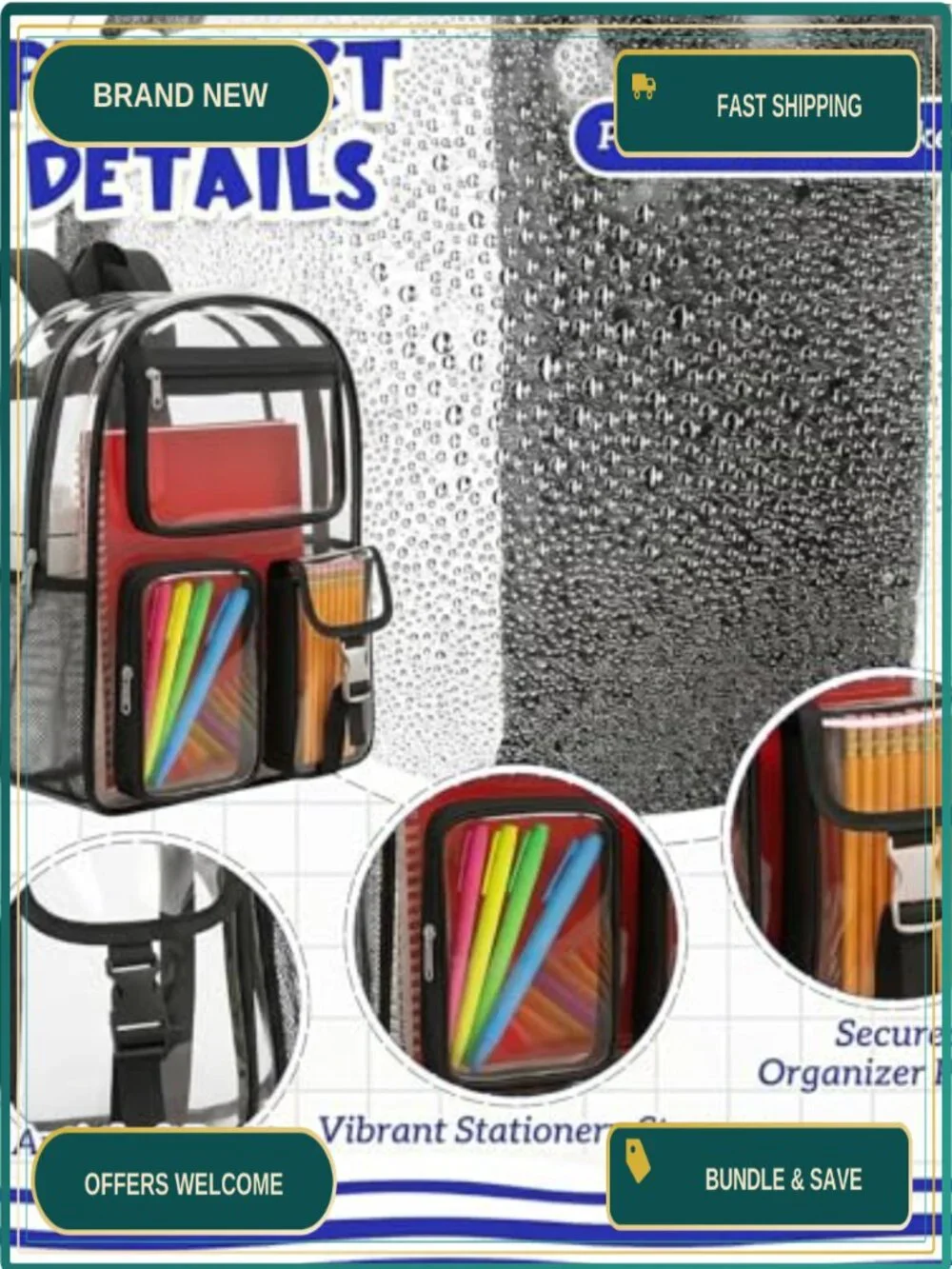 Clear PVC Backpack with Study Supplies Kit - Stationery Set, Stadium Approved,